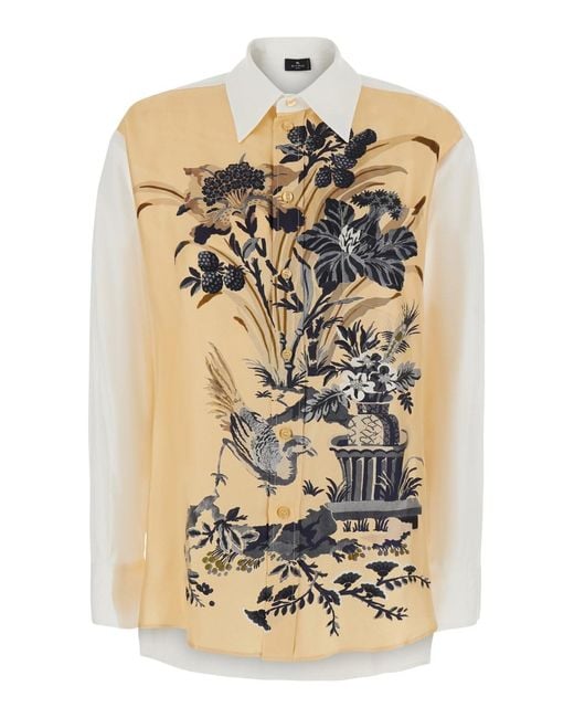 Etro Metallic Shirt With Classic Collar And Floral Print On The Fron