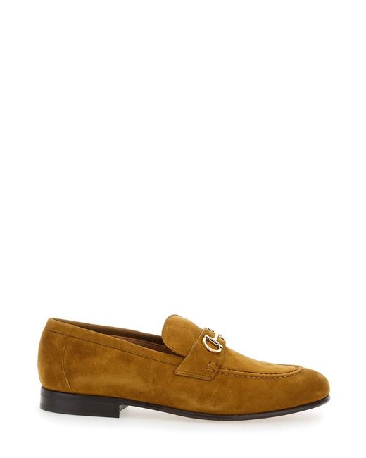 Ferragamo Brown Loafers With Almond Toe And Gancini Detail On The Front