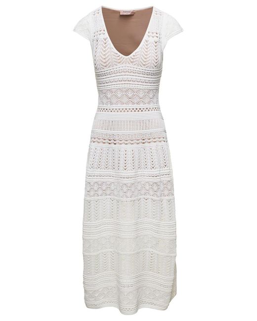Twinset White Midi Crochet Dress With V Neckline In Viscose Blend Woman