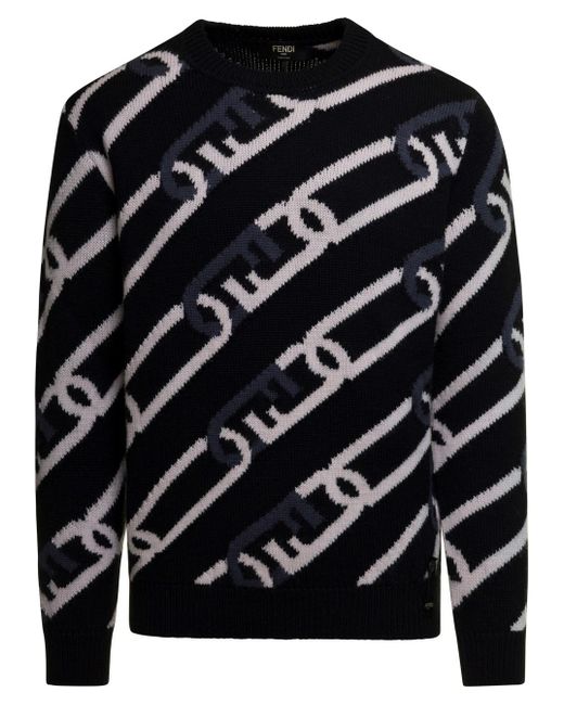 Knitwear crewneck logo chain di Fendi in Black da Uomo
