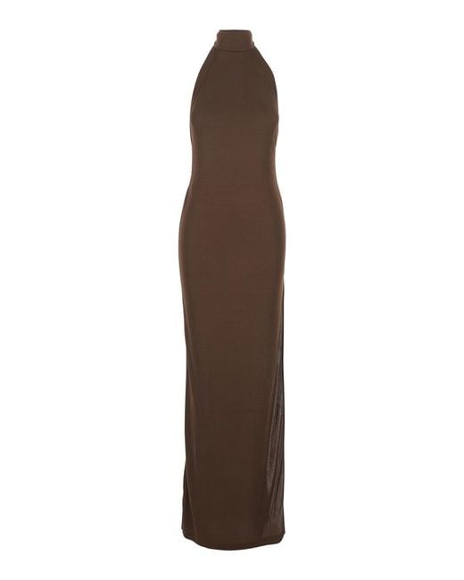 ANDAMANE Brown Long Dress 'Cleo' With American Neckline And Open Back In