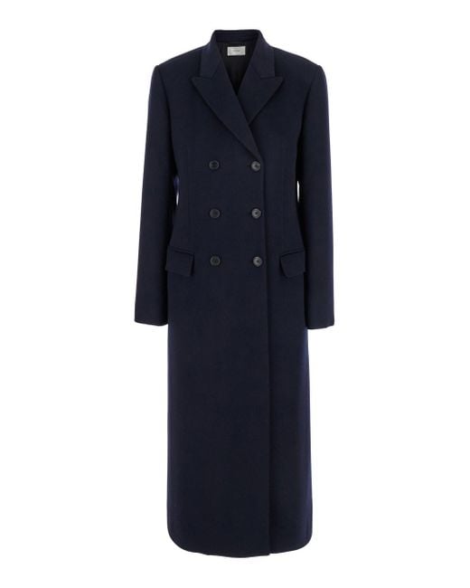 The Row Blue 'Woody' Double-Breasted Coat With Peak Revers