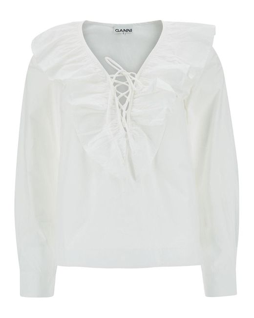 Ganni White Blosue With Lace-up Closure And Ruffles In Cotton Woman