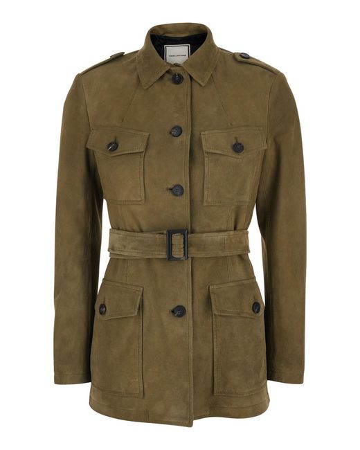 Tagliatore Green Single-Breasted Leather Jacket With Classic Collar And Belt On The Waist