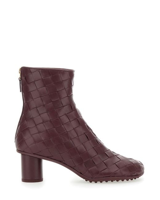Bottega Veneta Purple 'Atomic' Bordeaux Ankle Boots With Braided Design And Kitten Heel
