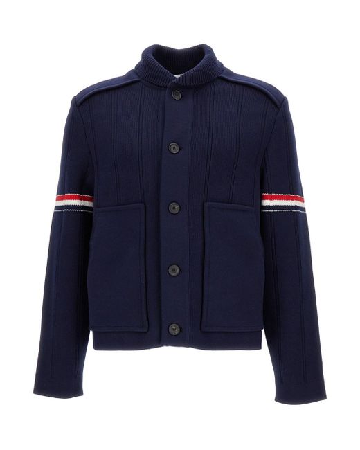 Thom Browne Blue Dark Knitted Jacket With Tricolor Details for men
