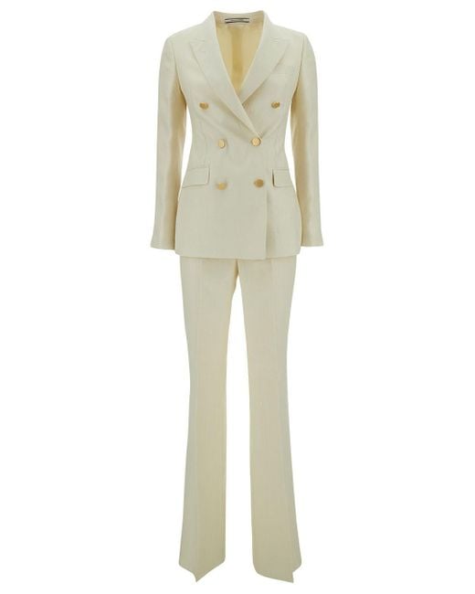 Tagliatore Natural Beige Double-breasted Suit With Golden Buttons In Linen Woman