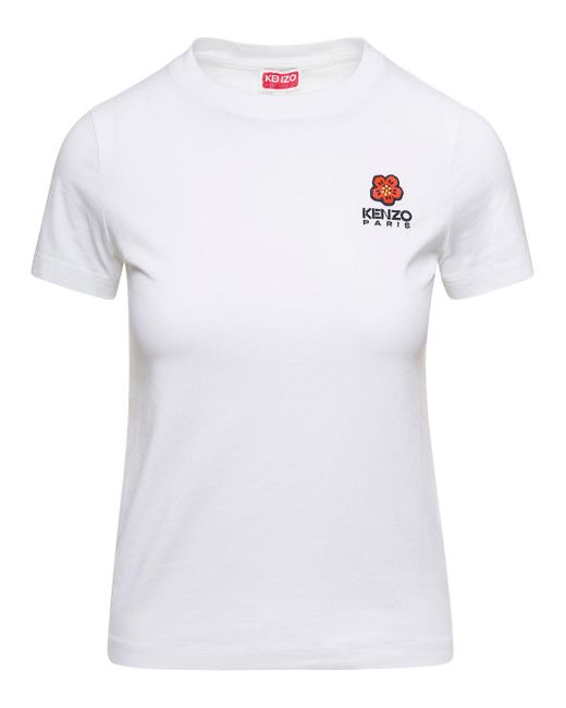 KENZO White Crewneck T-shirt With Logo Embroidery In Cotton Woman