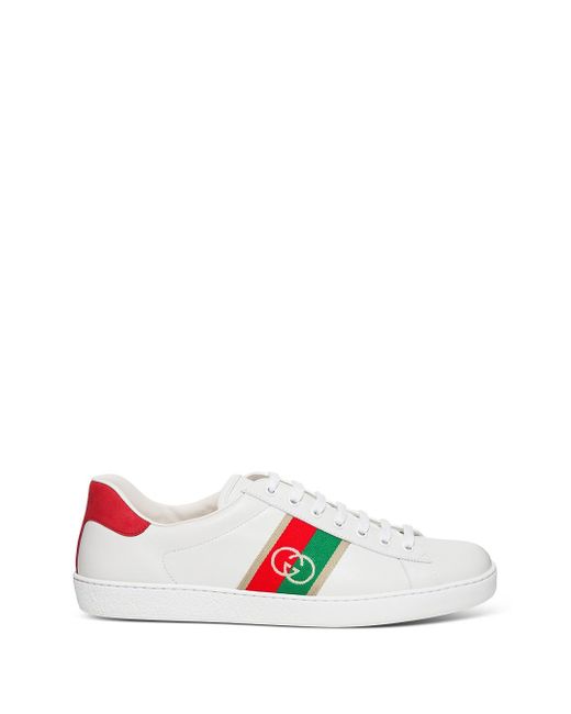 Gucci White New Ace Logo And Stripe-embroidered Leather Trainers for men