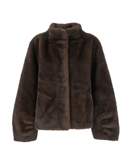 Plain Brown Fur Jacket With High Neck And Concealed Front Closure