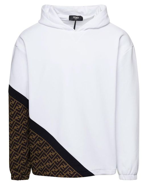 Fendi White Hoodie With Diagonal Ff Insert In Cotton Blend Man for men