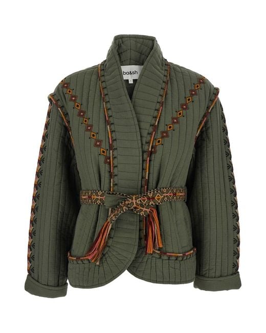 Ba&sh Green 'Cocoon' Jacket With Embroidered Details And Waist Belt In