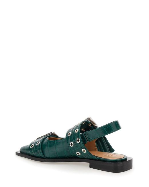 Ganni Green Feminine Buckle Ballerinas