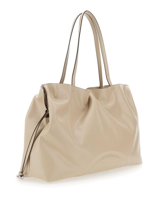 Tory Burch Natural Shoulder Bag Ella With Drawstring Closure And Logo Embossed