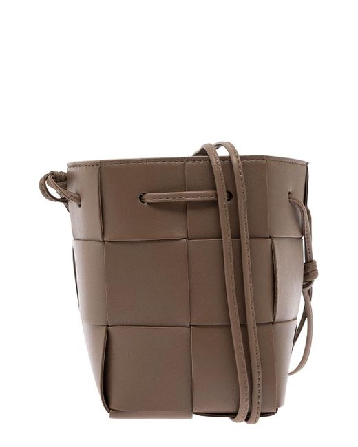 Bottega Veneta Brown 'mini Cassette' Crossbody Bucket Bag In Intreccio Nappa Leather