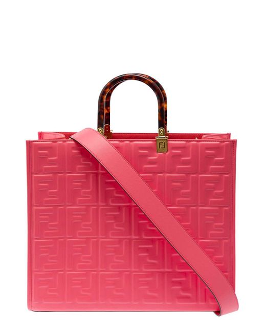 Fendi Pink 'sunshine' Medium Shopper Bag With All-over Raised Ff Motif In Leather Woman