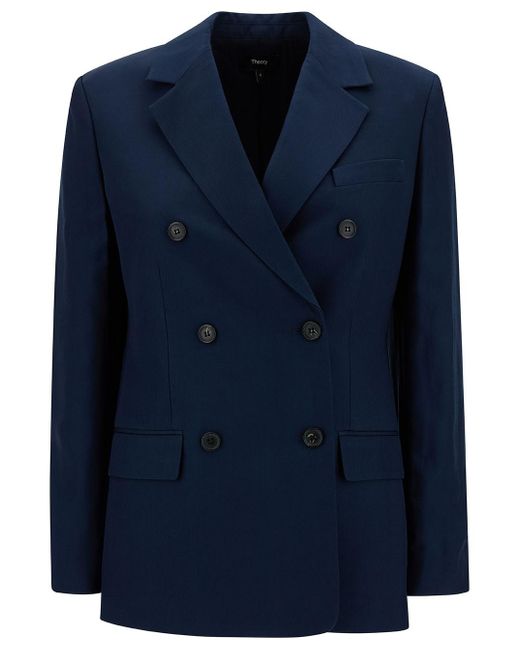 Theory Blue Double-Breasted Jacket With Notched Revers