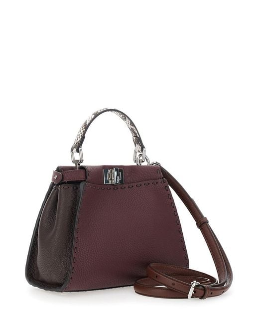 Fendi Purple 'Peekaboo' Bordeaux Handbag With Snakeskin Handle And Turn-Lock Closure On Both Sides