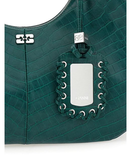 Ganni Green 'Medium Bou' Shoulder Bag With Crocodile Leather Effect And Logo Plaque