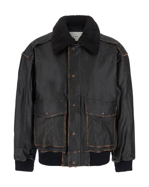 DUNST Black Detachable A-2 Leather Blouson With Collar And Long Sleev for men