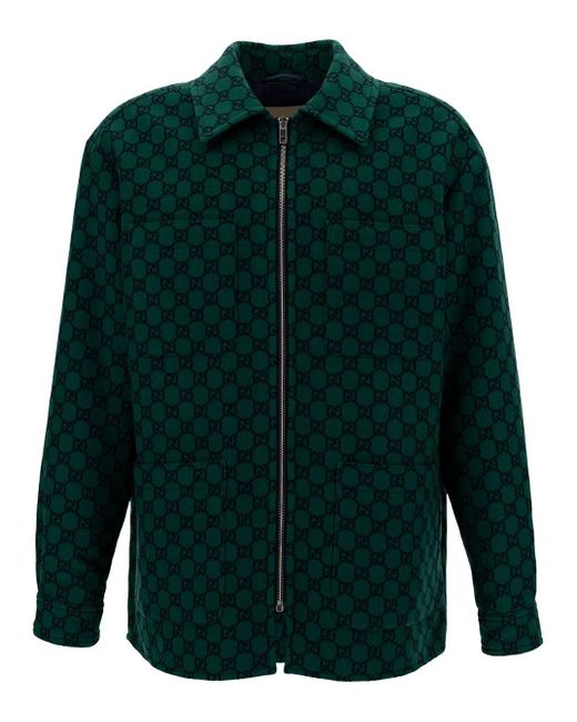 Gucci Green Padded Shirt With gg Motif In Wool for men