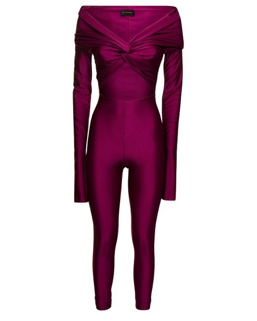 The Andamane Purple 'kendall' Off-shoulders Jumpsuit With Cut-out In Stretch Polyamide