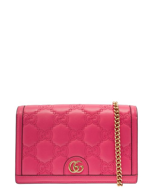 Gucci Pink Chain Wallet With gg Motif In Matelassé Leather