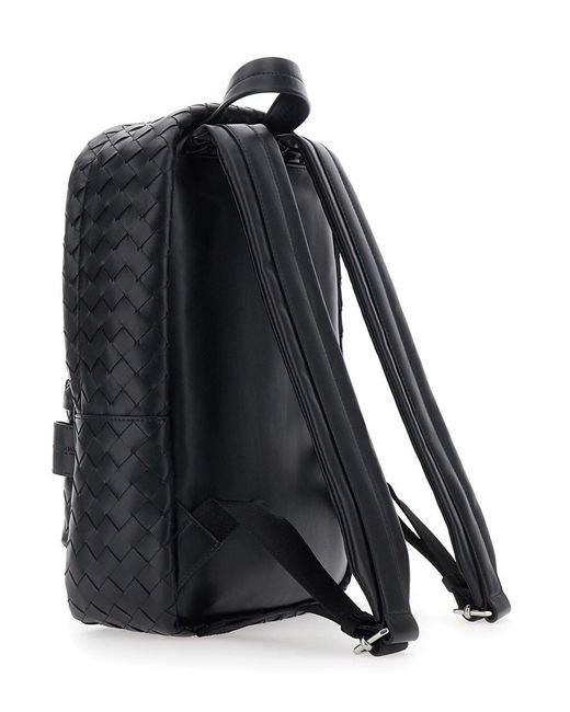 Bottega Veneta Black Small Backpack With Zip Pocket On The Front And Intreccio Motif