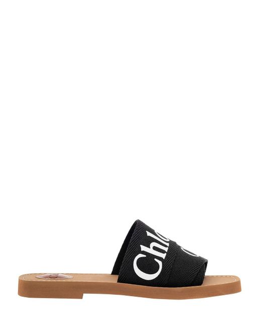 Chloé Black Canvas Sandals With Logo
