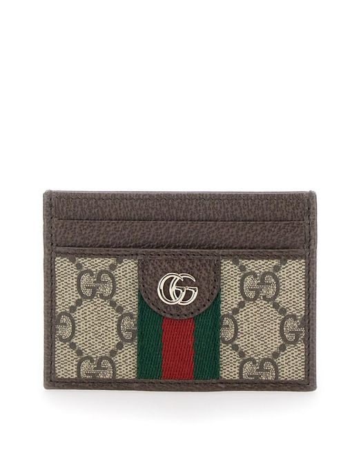 Gucci Gray Card Holder 'Ophidia' With Web Detail