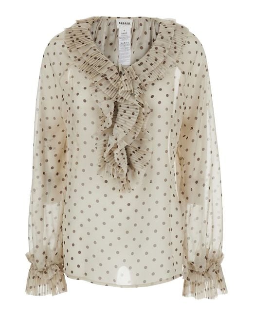 P.A.R.O.S.H. Natural Blouse With Ruffles On The Front And All-Over Polka Dot Print