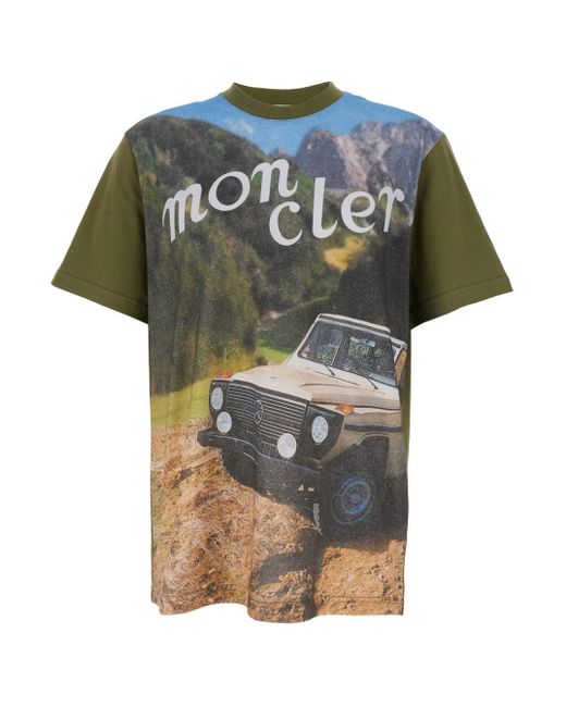 Moncler Genius Gray Crewneck T-Shirt With Logoed Motif And Car Print for men