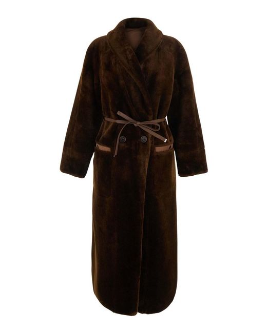 Urbancode Brown Long Fur Coat With Reversible Design And Waist Belt In