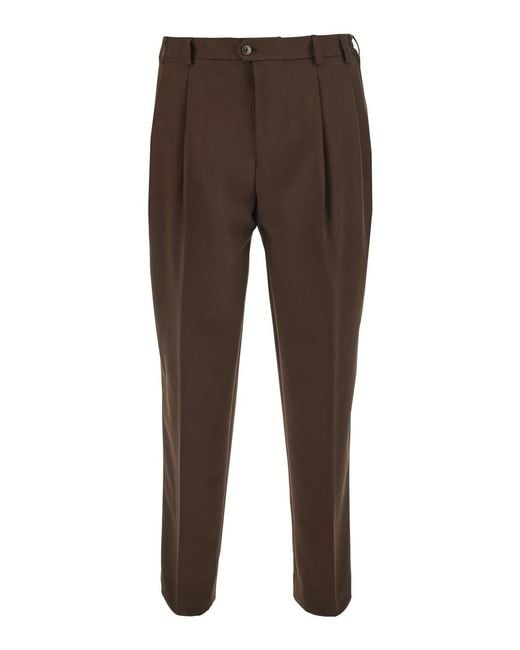 Le Plain Brown Pants With Front Pleats And Belt Loops for men