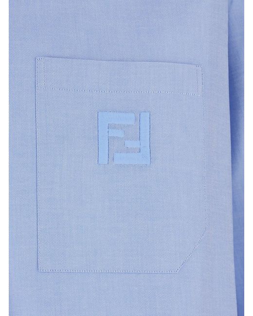 Fendi Blue Light Cotton Shirt With Embroidered Details For for men