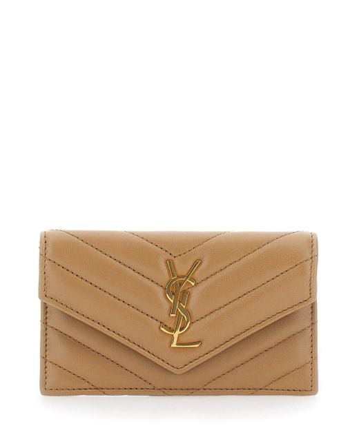Saint Laurent Brown Quilted Wallet With Cassandre Plaque On The Front