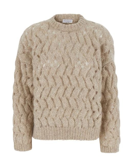 Brunello Cucinelli Natural Dress 'Braided Knit' With Round Neck And Long Sleev