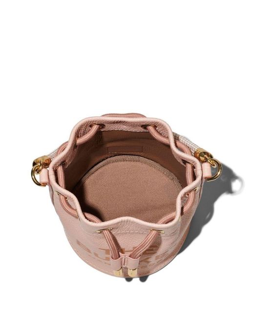 Marc Jacobs Pink 'the Leather Bucket' Mini Handbag With Drawstring And Front Logo In Hammered Leather Woman