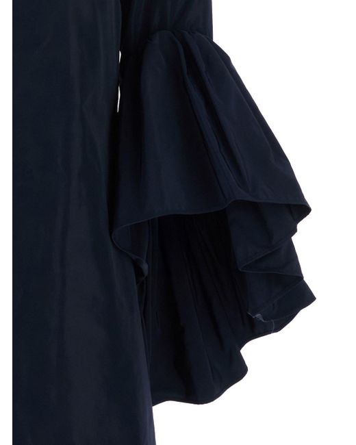 Le Plain Blue Crew Neck Dress With Flared Draped Sleeves For