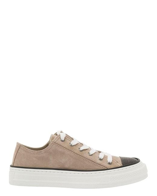 Brunello Cucinelli White Low Top Sneakers With Monile Embellishment In
