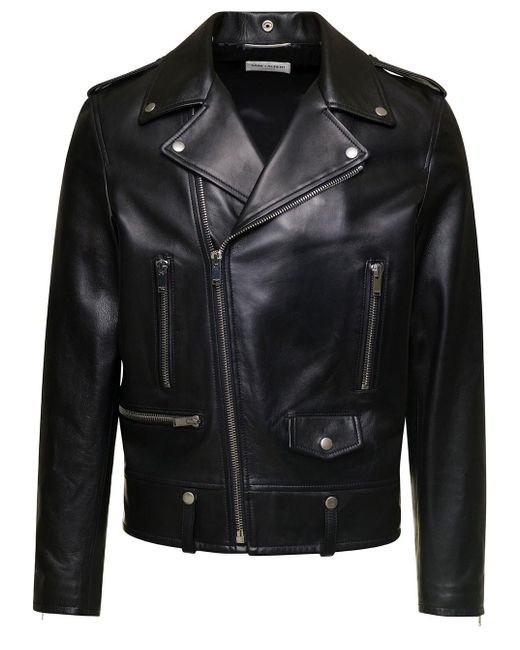 Saint Laurent Black Biker Jacket With Zipped Pockets for men