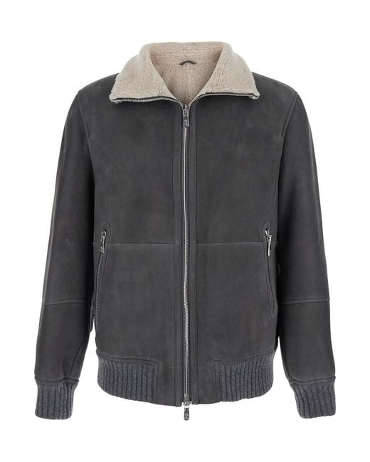 Brunello Cucinelli Gray Jacket With High Collar And Fur Lining for men