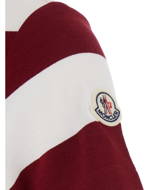 Moncler Red Polo Shirt With Logo Patch On The Sleeve And All-Over Striped Motif