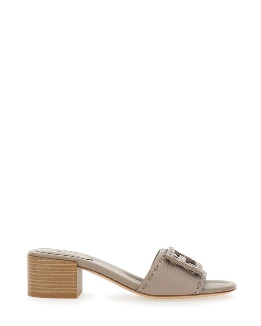 Fendi Natural Sandals With Wide Band With Ff Cut-Out And Medium Block Heel