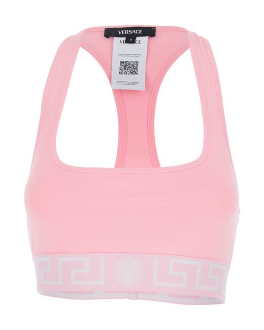 Versace Pink Sleeveless Top With Medusa Embroidery On The Front And Square Neck