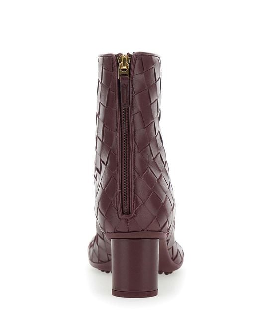 Bottega Veneta Purple 'Atomic' Bordeaux Ankle Boots With Braided Design And Kitten Heel