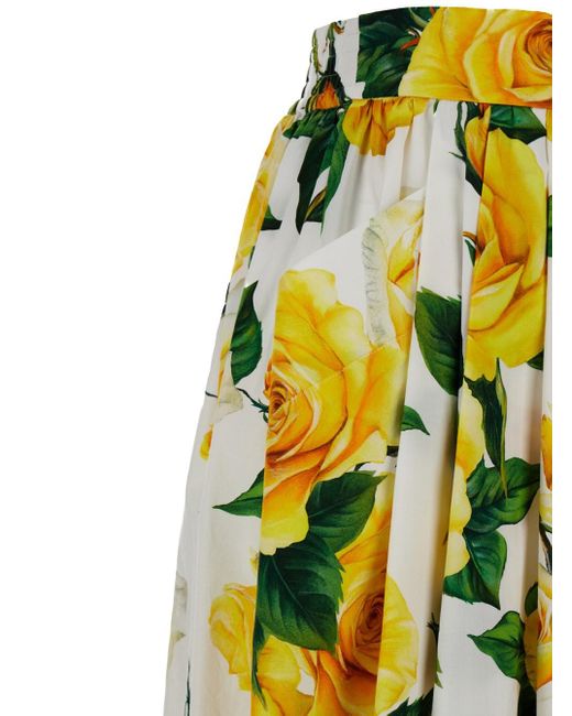 Dolce & Gabbana Yellow Midi Skirt With All-Over Flower Print