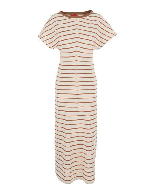 ..,merci White Dress With Round Neckline, Short Sleeves And All-Over Stri