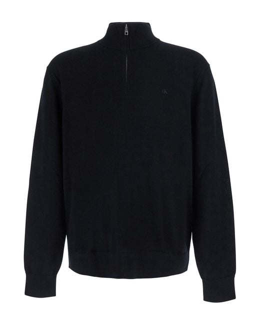 Calvin Klein Blue Sweater With Half Zip Closure And High Collar for men