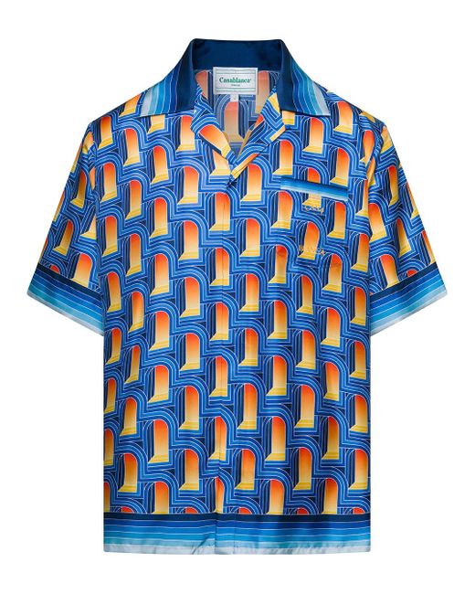 CASABLANCA Blue Multicolor Bowling Shirt With All-over Arche De Nuit Print In Silk Man for men